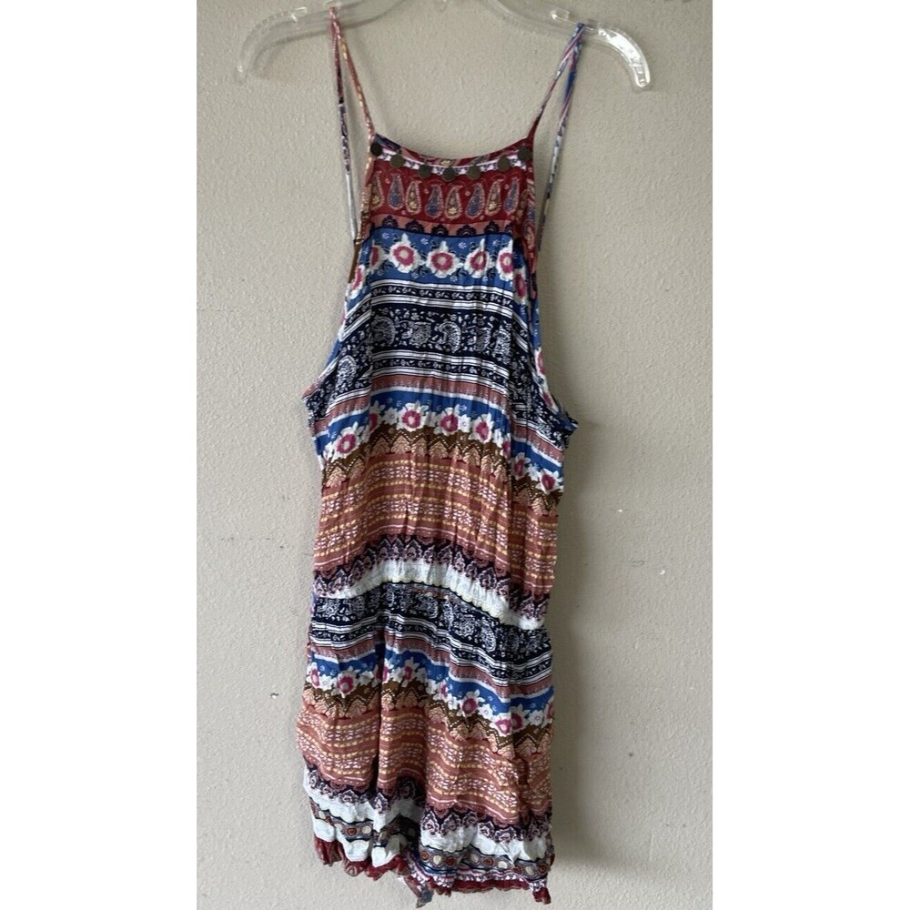 Boho Striped Floral Women’s Shorts Romper - Rust & Blue